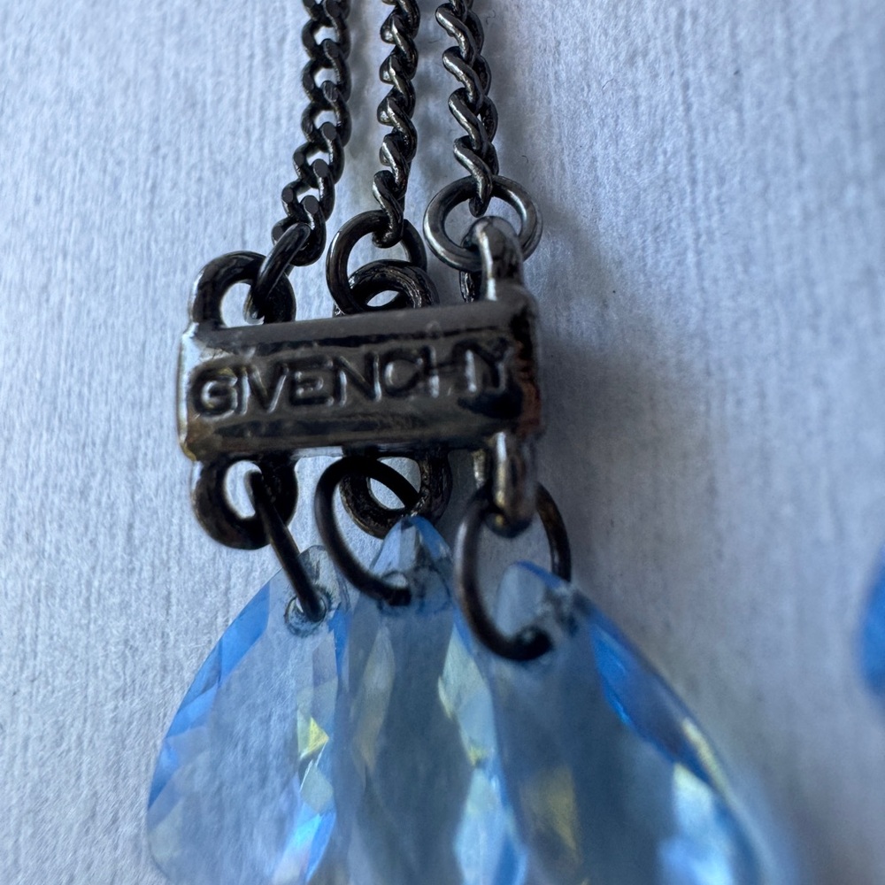 GIVENCHY Signed Blue Crystal Dangle Chain Stud Earrings - Picture 6 of 9
